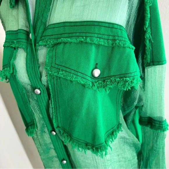 TOV Los Angeles Green Sheer Button-Down Shirt with Frayed Detailing Pockets M - Picture 4 of 9